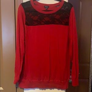 3x red scoop neck sweater w black lace near neck